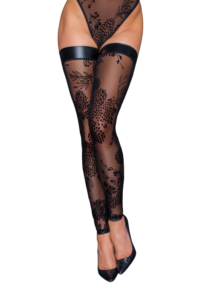 Tulle stockings with patterned flock embroidery - XL | ViPstore.hu - Erotika webáruház #1 - EAN 5903050108571 | SKU NOIR000040