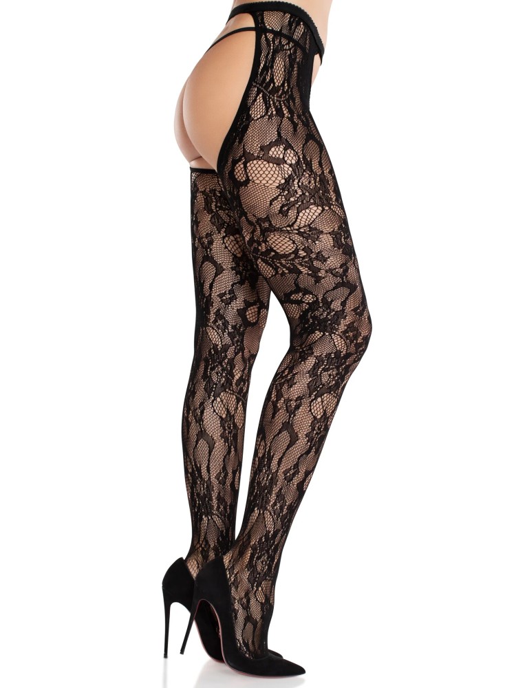 Rose Lace Crotchless Tights with Open Back - Black O/S | ViPstore.hu - Erotika webáruház #3 - EAN 714718574974 | SKU LEGAV07886