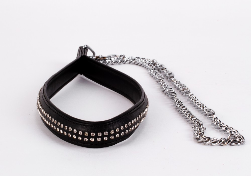 Lamb Leather Handle with 2 Rows of Small Rhinestones and Metal Chain Black | ViPstore.hu - Erotika webáruház #1 - EAN 5999560510966 | SKU DEVIL00079